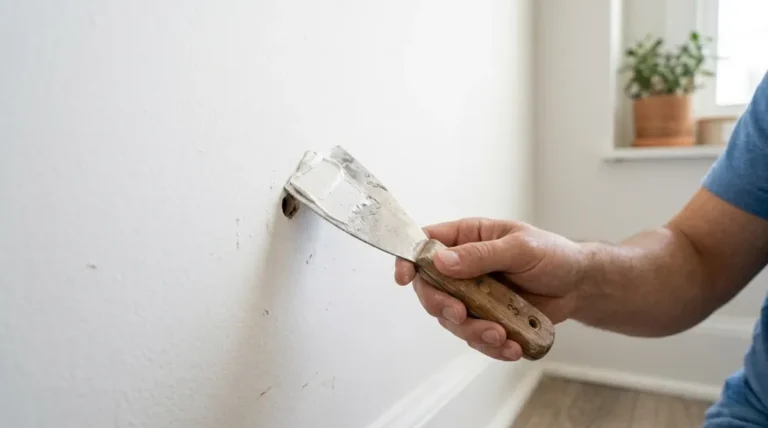 A person applying spackle to a small hole in a white drywall wall using a putty knife during a step-by-step wall repair process