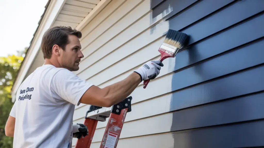 Professional painter from San Diego Custom Painting applying blue paint to white clapboard siding with brush on ladder