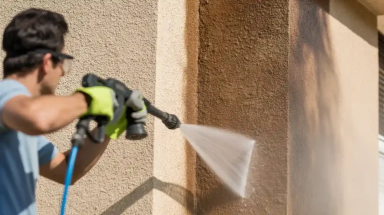 Pressure washing stucco exterior wall to remove dirt and debris before painting textured surface
