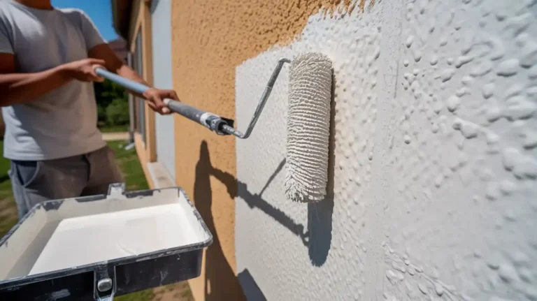 Applying masonry primer to textured stucco wall with thick nap roller on extension pole