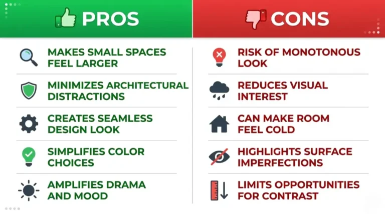 Pros and cons of painting ceiling same color as walls — infographic showing benefits like seamless design and drawbacks like lack of contrast.