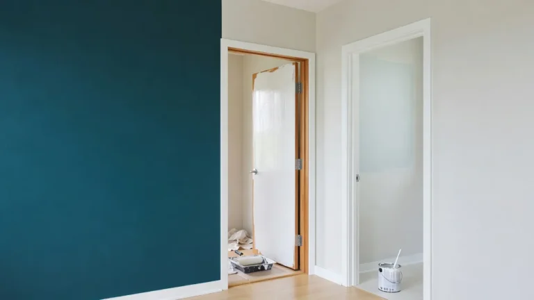 Painted teal accent wall next to an open door being painted white, with a paint tray and paint can showing quart of paint coverage for small home projects