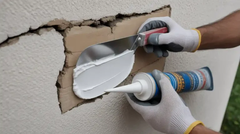 Repairing stucco cracks with patching compound and putty knife before painting exterior wall