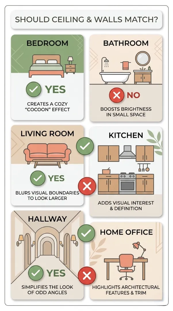 Room-by-room guide showing should ceiling and walls match — bedroom yes, bathroom no, living room yes, kitchen no, hallway yes, home office no.