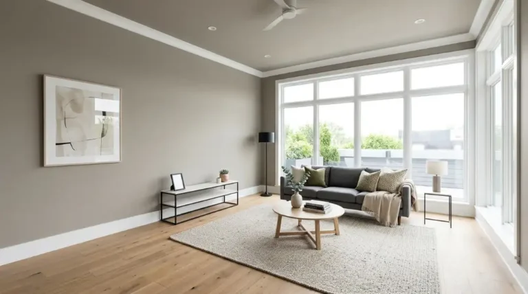 Should the ceiling and walls be the same color — modern living room with matching warm greige walls and ceiling, white trim, and natural light.