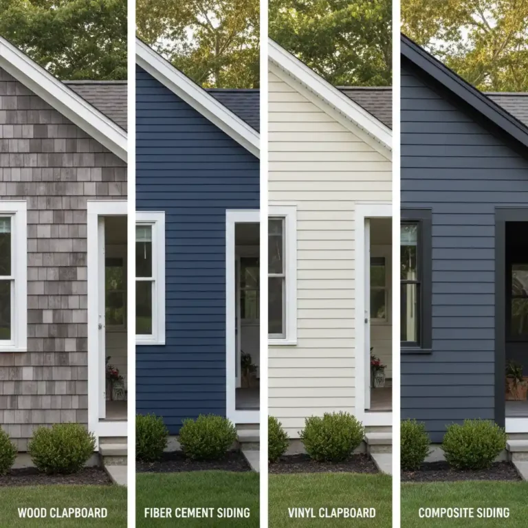 Four houses showing different clapboard siding materials: wood clapboard, fiber cement siding, vinyl clapboard, and composite siding in various colors.