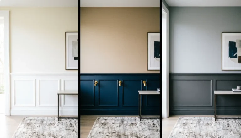 Three wainscoting color styles side by side — classic white raised panel, dark navy two tone, and charcoal gray painted wainscoting in a modern interior