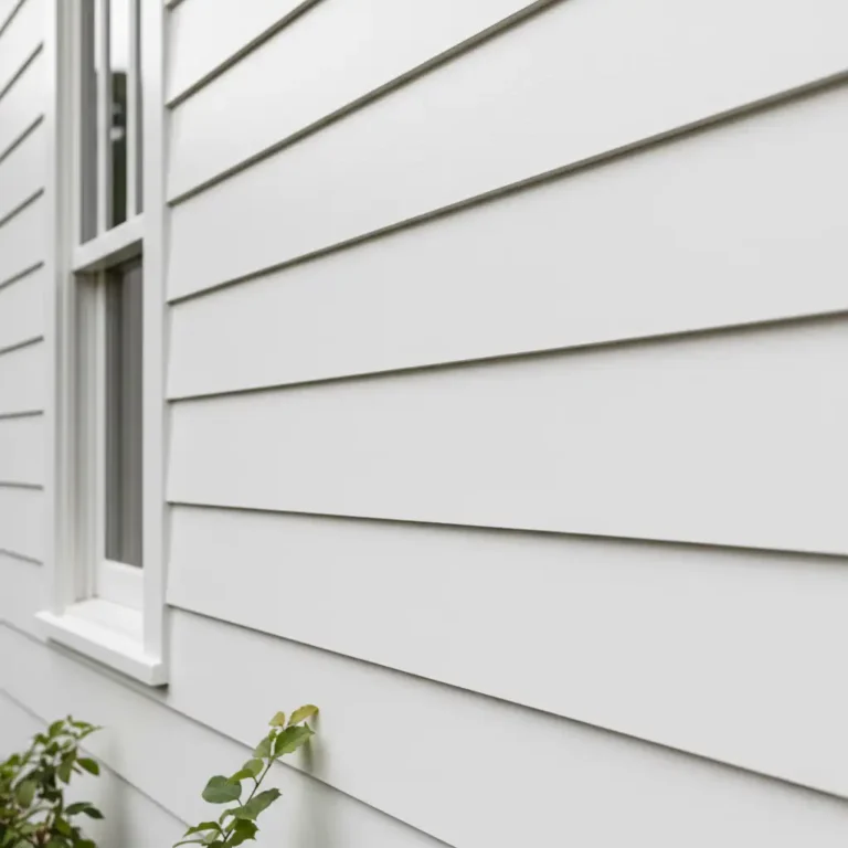 Close-up of white clapboard siding showing horizontal boards with overlapping pattern and subtle shadow lines near window trim.