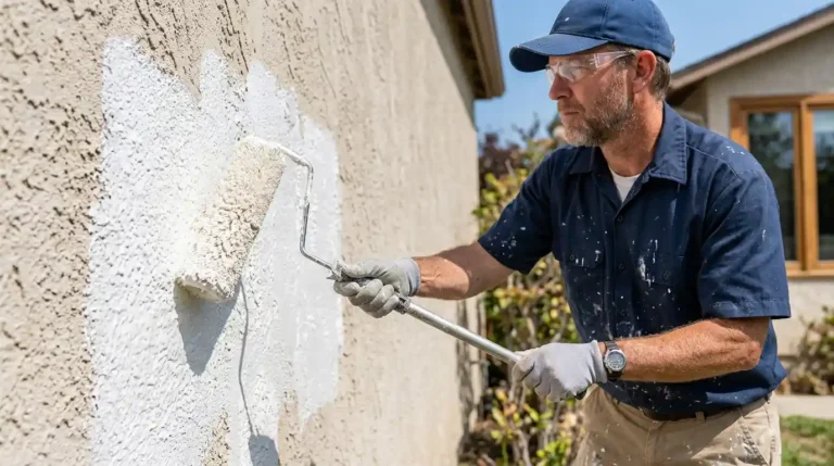 Professional painter applying what is elastomeric paint on a stucco exterior wall using a heavy-nap roller