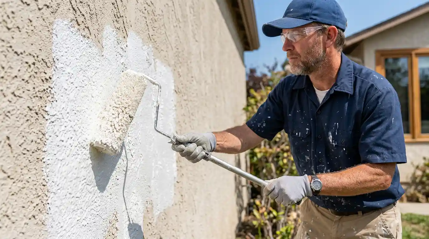 Professional painter applying what is elastomeric paint on a stucco exterior wall using a heavy-nap roller