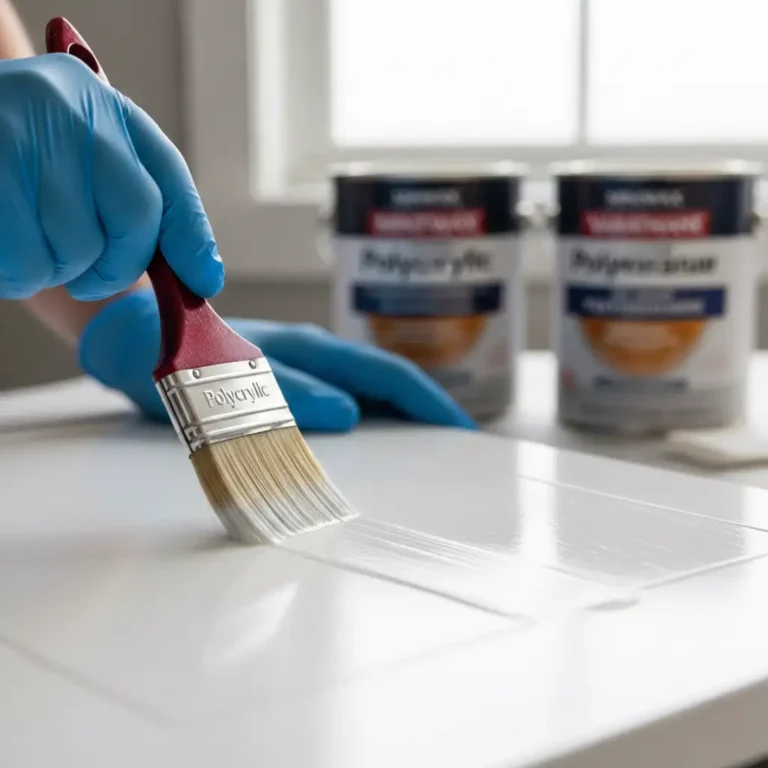 Hand wearing blue glove applying polycrylic to white painted wood surface with brush showing proper application technique with polyurethane cans in background.