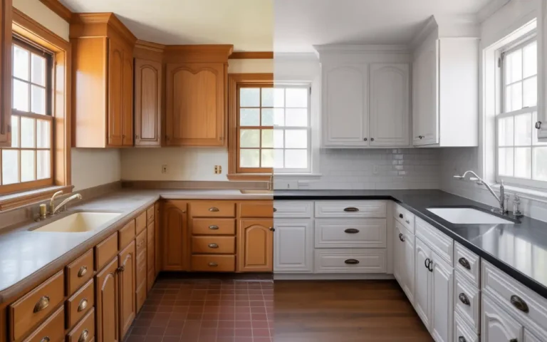 Dramatic kitchen transformation showing can you paint oak cabinets before and after with honey oak cabinets on left and painted white cabinets on right