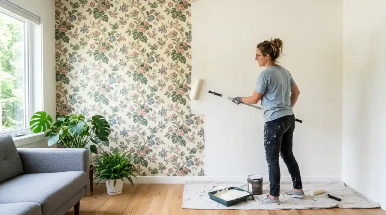 Can you paint over wallpaper — homeowner rolling white paint over floral wallpaper in a bright living room with drop cloth and paint tray on the floor