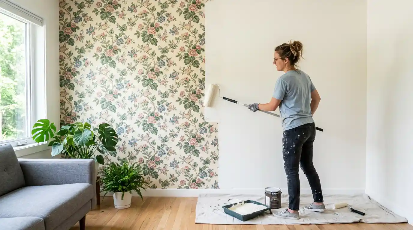 Can you paint over wallpaper โ homeowner rolling white paint over floral wallpaper in a bright living room with drop cloth and paint tray on the floor