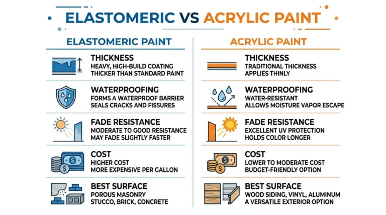 Elastomeric paint vs acrylic paint comparison infographic showing thickness, waterproofing, fade resistance, cost, and best surface differences