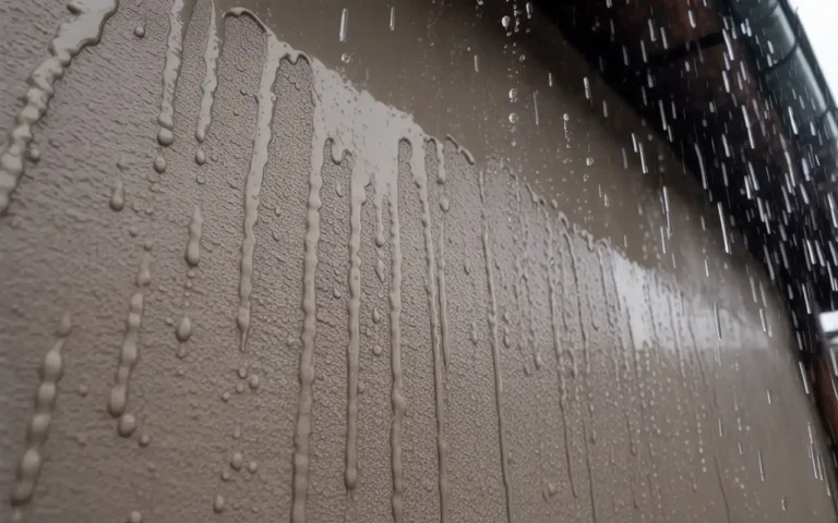 Elastomeric paint waterproofing demonstration showing water beading and running off protected stucco exterior wall surface.