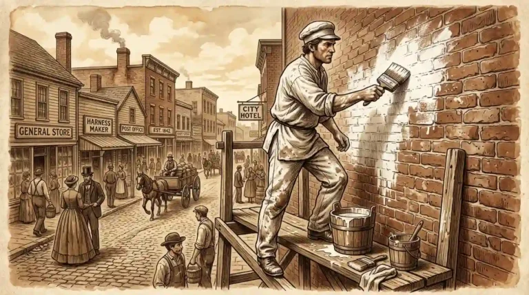 A vintage illustration of an 1800s professional painter in white work clothes applying whitewash to a brick wall in an old American town, showing the historical roots of the painter's white uniform tradition
