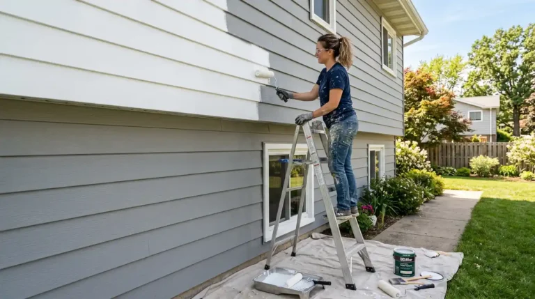 How to paint aluminum siding: DIY homeowner painting aluminum siding with a roller on a ladder outside a suburban home