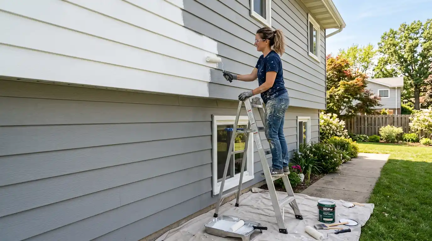 How to paint aluminum siding: DIY homeowner painting aluminum siding with a roller on a ladder outside a suburban home