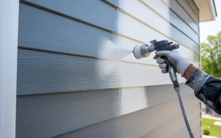 Painter using a spray gun to apply a fresh coat of paint on aluminum siding, demonstrating how to paint aluminum siding for a smooth, long-lasting finish.