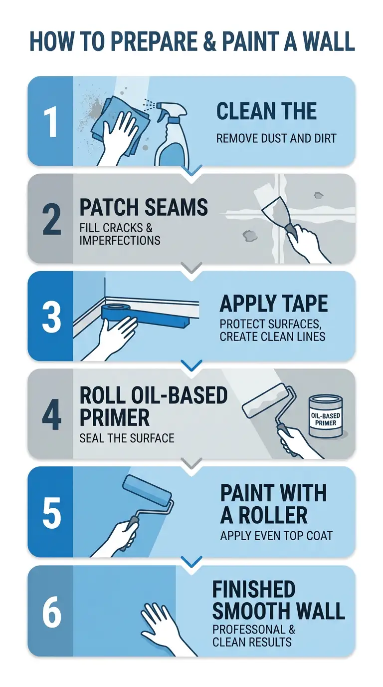 Step by step infographic showing how to paint over wallpaper — clean wall, patch seams, apply tape, roll oil-based primer, paint with roller, and finished smooth wall