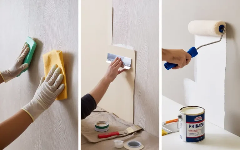 Step-by-step process for painting over wallpaper: cleaning, repairing, priming, and painting the wall.