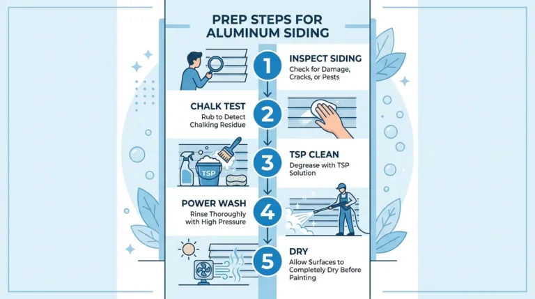 5 prep steps for painting aluminum siding — inspect, chalk test, TSP clean, power wash, and dry