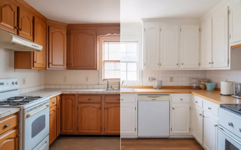 Paint oak cabinets before and after showing honey oak transformation to white painted finish with wood countertops.