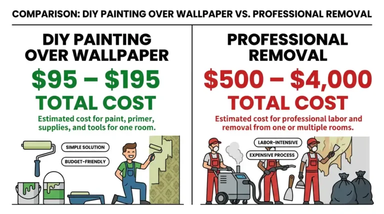 Cost comparison infographic — DIY painting over wallpaper costs $95 to $195 vs professional wallpaper removal costs $500 to $4,000 per room
