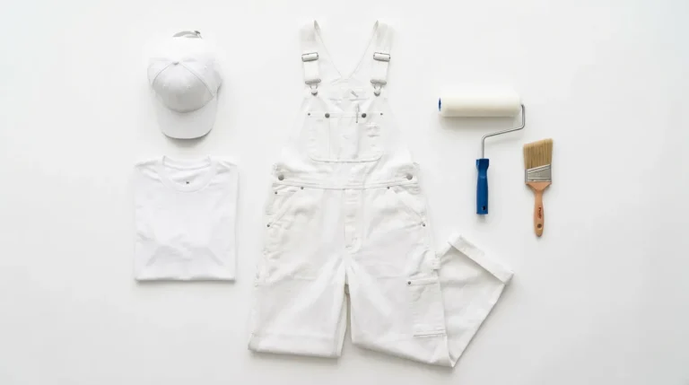 Flat lay of a complete painter's whites uniform including white overalls, white t-shirt, white cap, paint roller, and paintbrush — the standard work clothes worn by professional painters on every job site