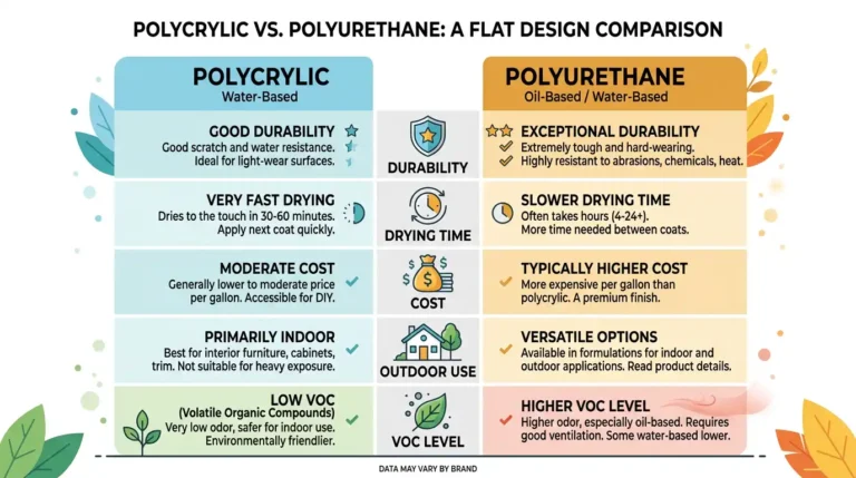 Polycrylic vs polyurethane flat design comparison infographic showing durability, drying time, cost, outdoor use, and VOC level differences