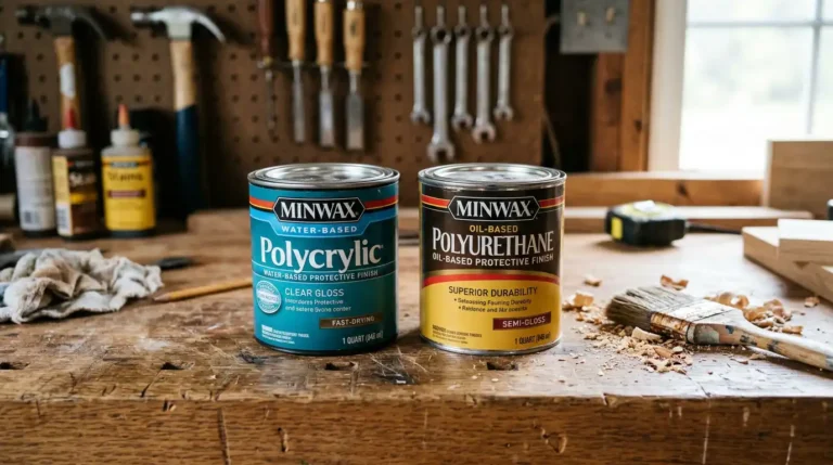 Minwax Polycrylic water-based and Polyurethane oil-based cans side by side on a wooden workbench — polycrylic vs polyurethane comparison