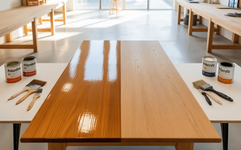 Polycrylic vs polyurethane wood finish comparison showing different stain colors on wooden table with paint cans and brushes.