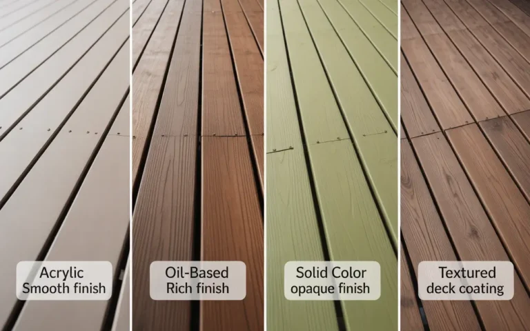 Types of deck paint comparison showing acrylic smooth finish, oil-based rich finish, solid color opaque finish, and textured deck coating.