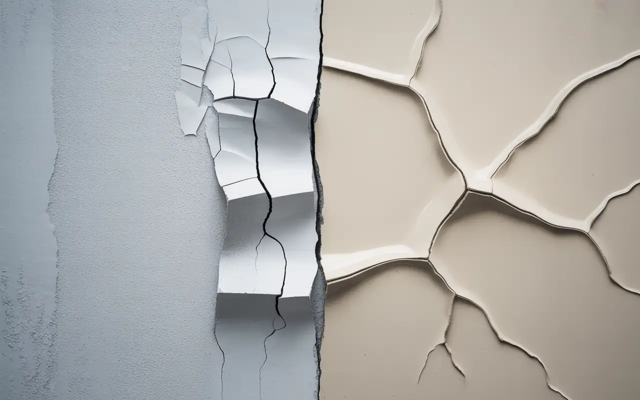 Cracked and peeling paint on exterior walls is a common problem that elastomeric coating prevents through its flexible, waterproof properties.