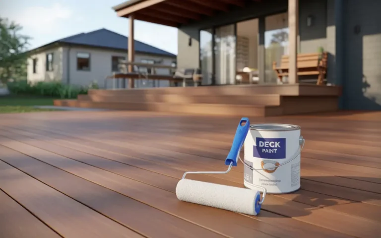 What is the best deck paint - paint roller and can on wooden deck with modern home in background.