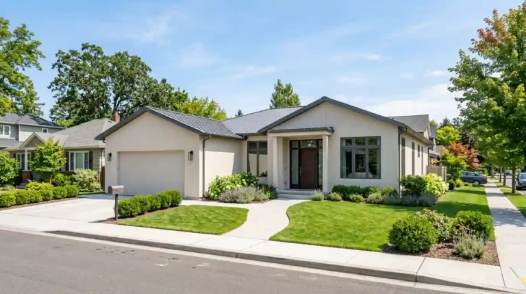 Residential stucco exterior home with smooth crack-free walls ideal for elastomeric paint application in a sunny neighborhood