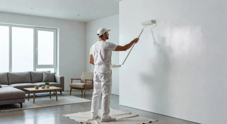 A professional painter wearing white clothes and white overalls rolling white paint on an interior wall — why do painters wear white clothes explained