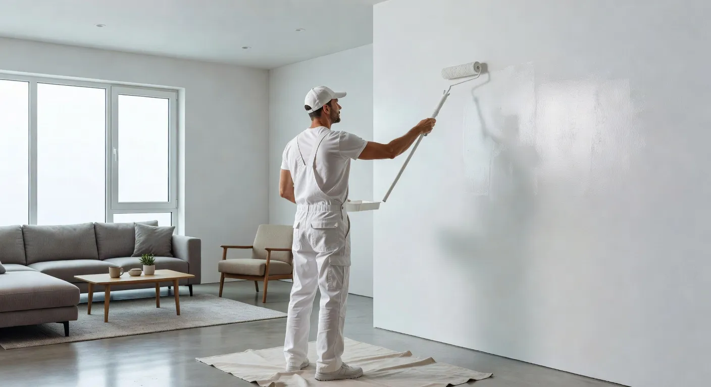 A professional painter wearing white clothes and white overalls rolling white paint on an interior wall โ why do painters wear white clothes explained