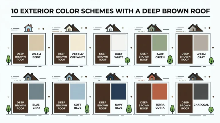 Infographic showing 10 exterior color schemes with a brown roof including warm beige, sage green, navy blue, charcoal, terra cotta, and soft blue siding combinations