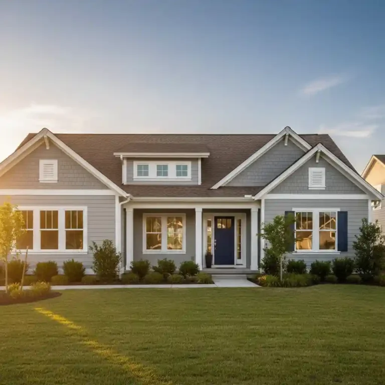 What paint goes with a brown roof — cool gray craftsman home with white trim, navy blue front door, and navy shutters at golden hour