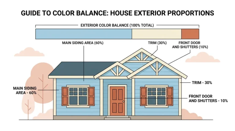 House exterior diagram showing the 60-30-10 color rule main siding area at 60%, trim at 30%, and front door and shutters at 10% for a balanced exterior color palette