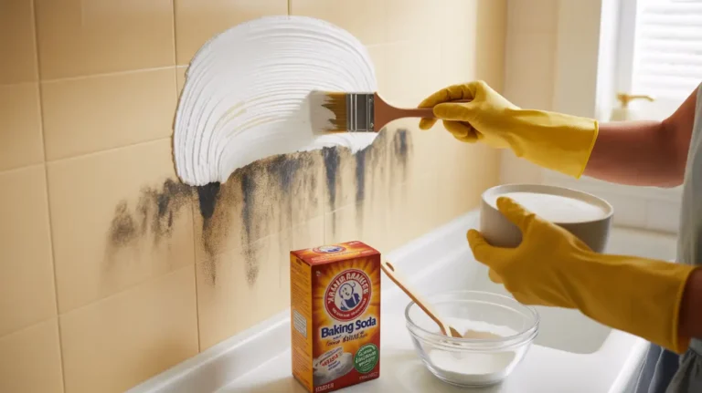Gloved hands applying thick white baking soda paste with brush onto black mold stains on painted bathroom wall with Arm & Hammer baking soda box visible