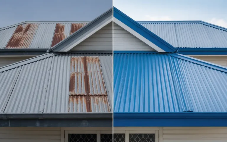 Before and after metal roof painting showing rusty corrugated metal transformed to fresh blue painted finish