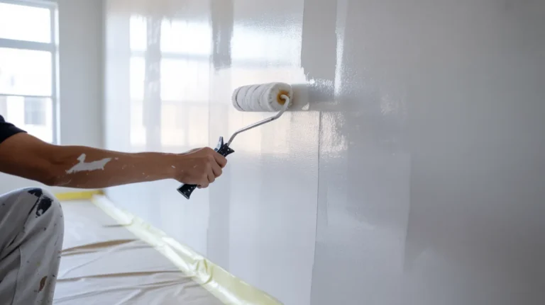 Professional painter applying interior wall paint with a roller, showing smooth coverage and finish quality