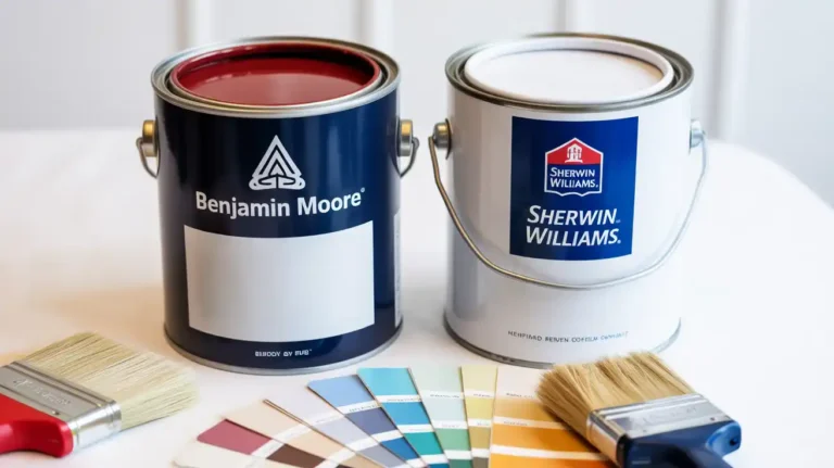 Benjamin Moore vs Sherwin Williams paint cans side by side with color swatches and brushes for home painting comparison