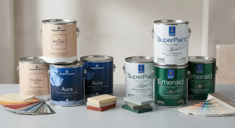Benjamin Moore Regal Select and Aura paint cans compared with Sherwin Williams SuperPaint and Emerald product lines on a display table