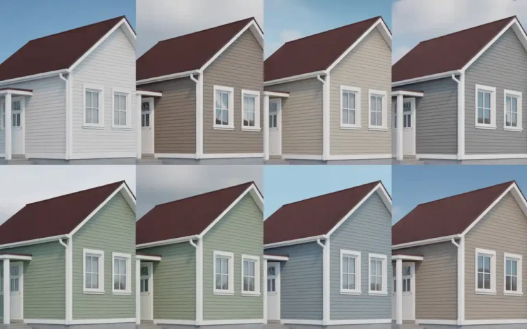 Eight different paint color options for brown roof homes showing white, gray, beige, green, and blue siding combinations