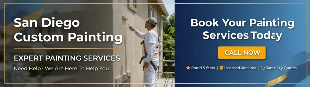 Exterior house painter on ladder applying wall coating — local painters near san diego booking service banner.