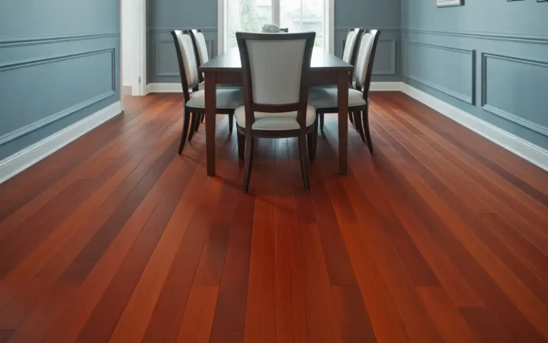 Cherry red-toned hardwood floors in dining room paired with cool blue-gray walls showing complementary color balance for warm wood tones